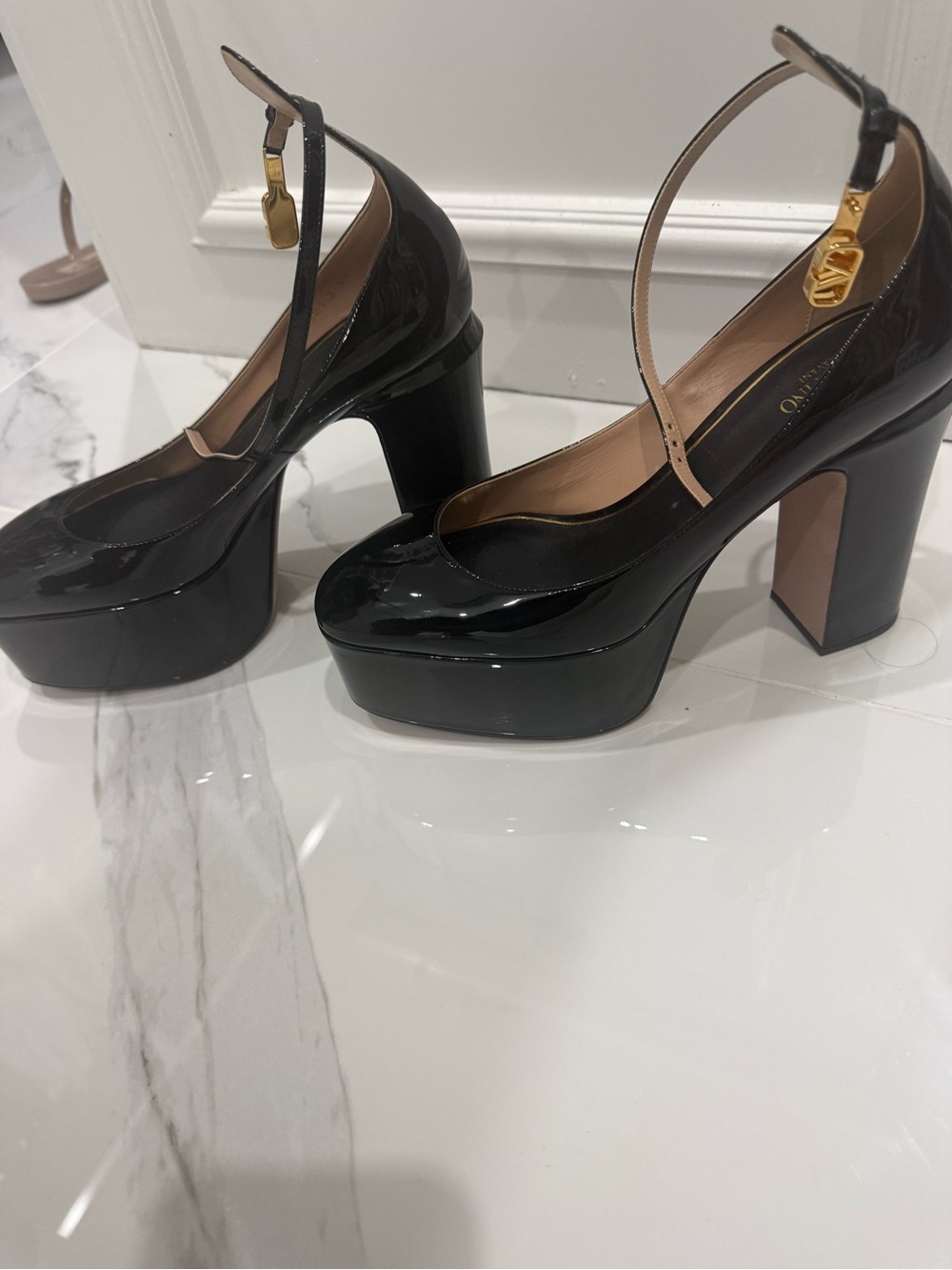 Valentino Garavani Black Patent Platform Mary Jane Pumps with Gold Charm